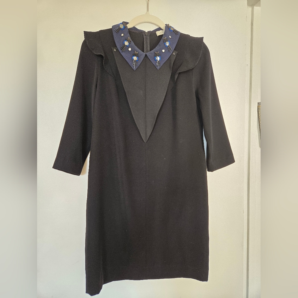 Sandro Black Dress with Blue Embellished Collar